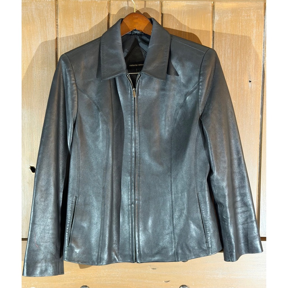 Valerie Stevens Womens Black Genuine Leather Full Zip Jacket Coat Size L